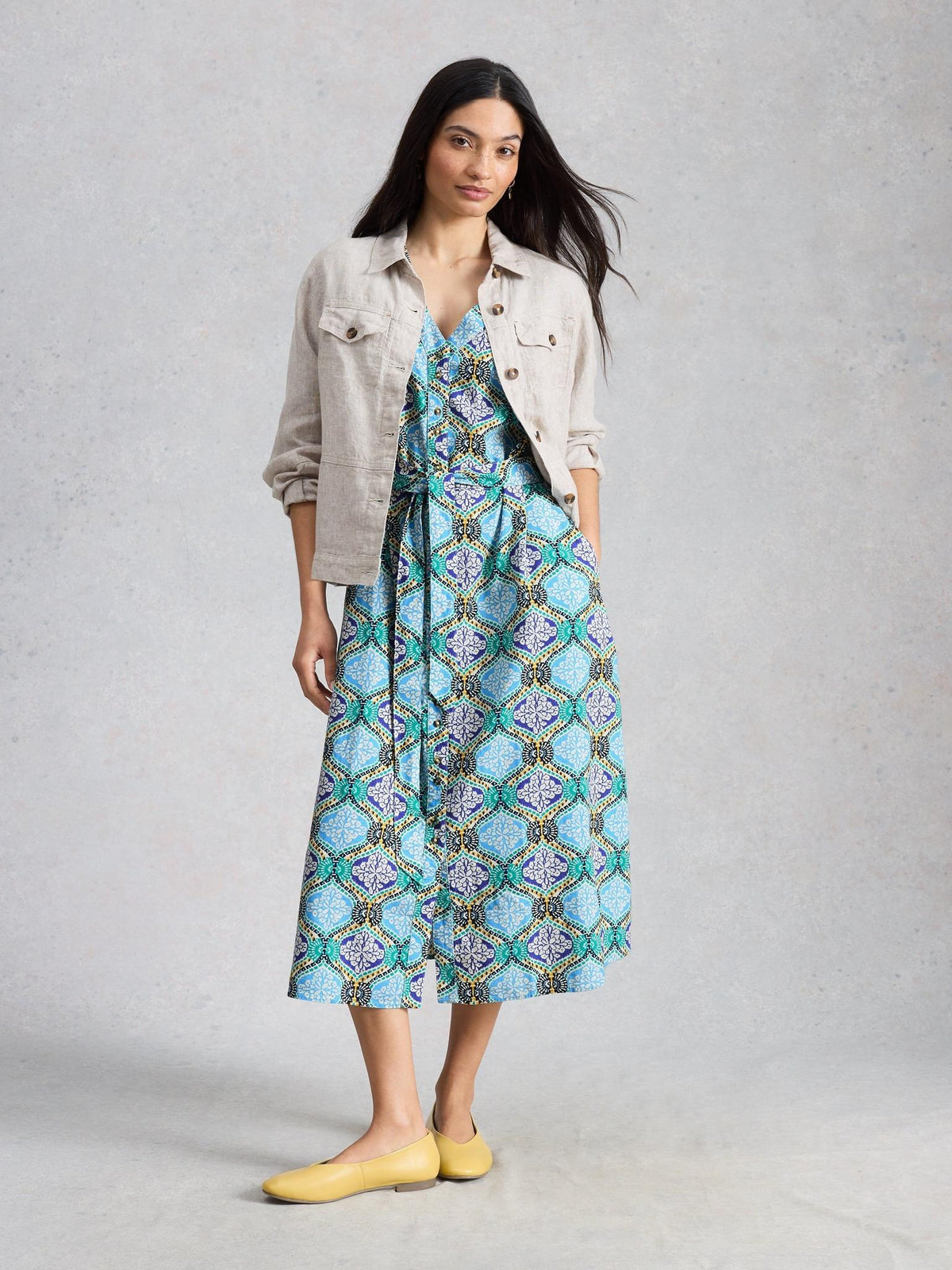 White Stuff Val Linen Blend Dress in blue print, front view - Pinkhill Darwin