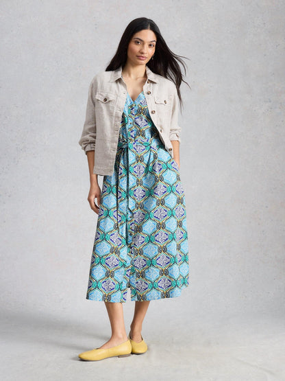 White Stuff Val Linen Blend Dress in blue print, front view - Pinkhill Darwin