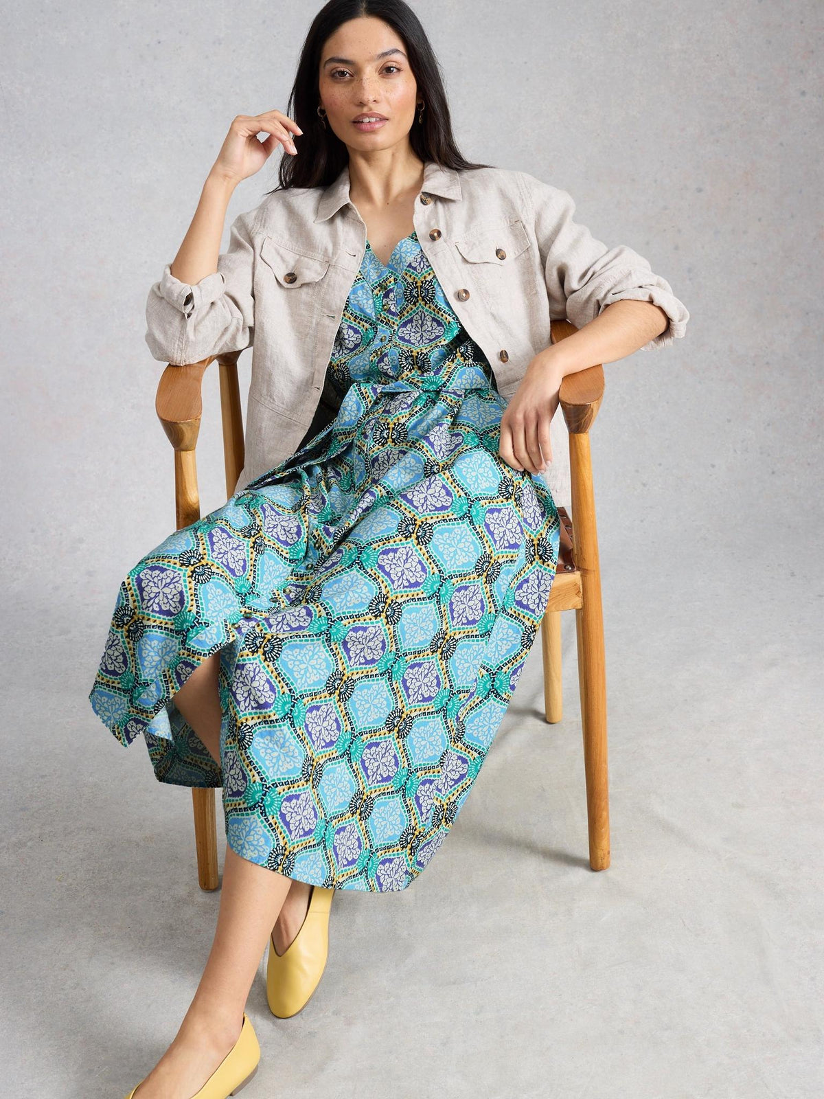 White Stuff Val Linen Blend Dress in blue print, close detail of the kaleidoscopic print - Pinkhill Darwin