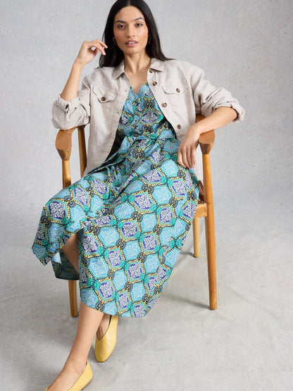 White Stuff Val Linen Blend Dress in blue print, close detail of the kaleidoscopic print - Pinkhill Darwin