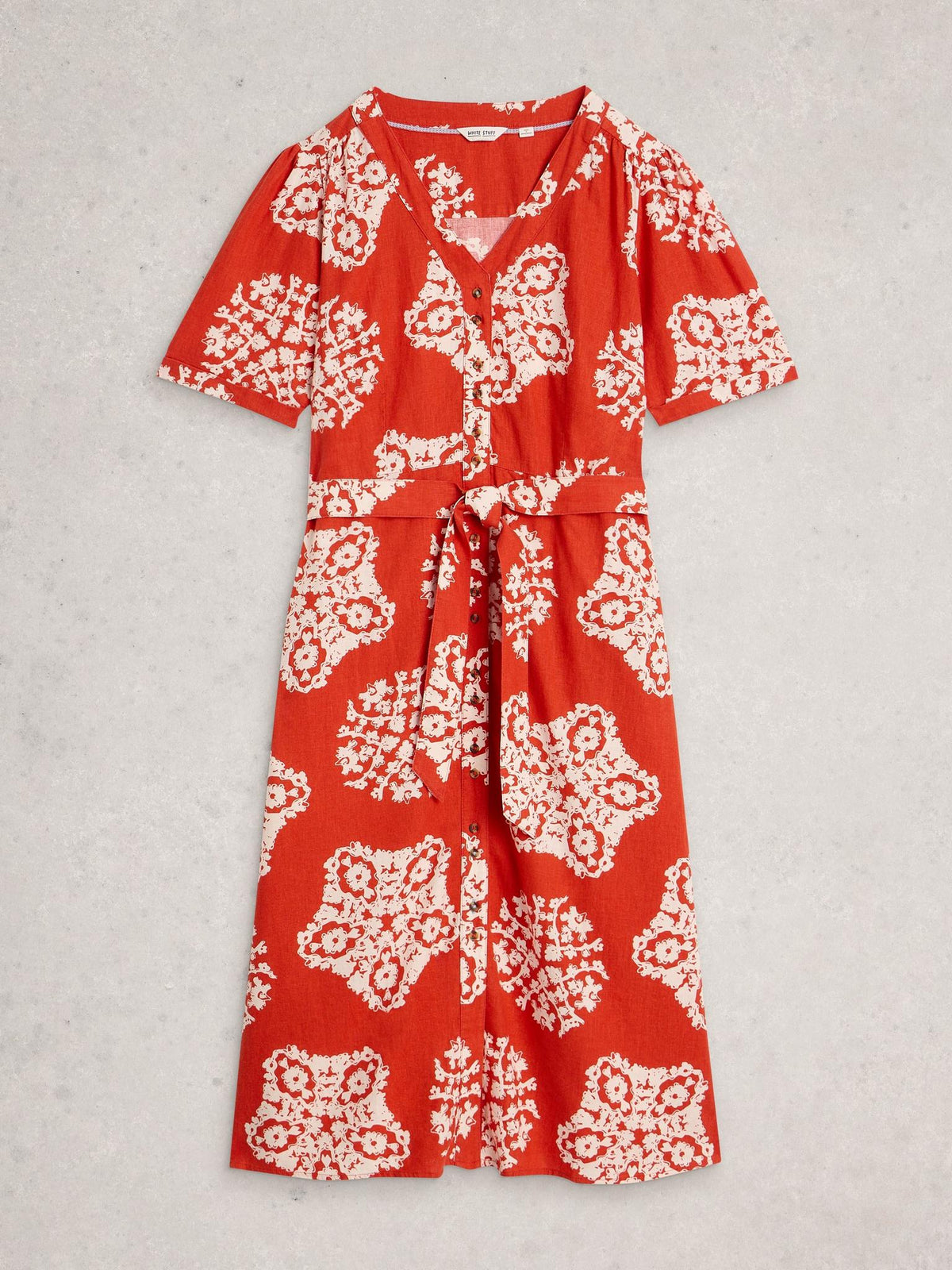 White Stuff Val Linen Blend Dress in red print, flat front view - Pinkhill Darwin