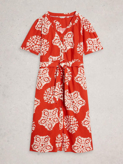 White Stuff Val Linen Blend Dress in red print, flat front view - Pinkhill Darwin