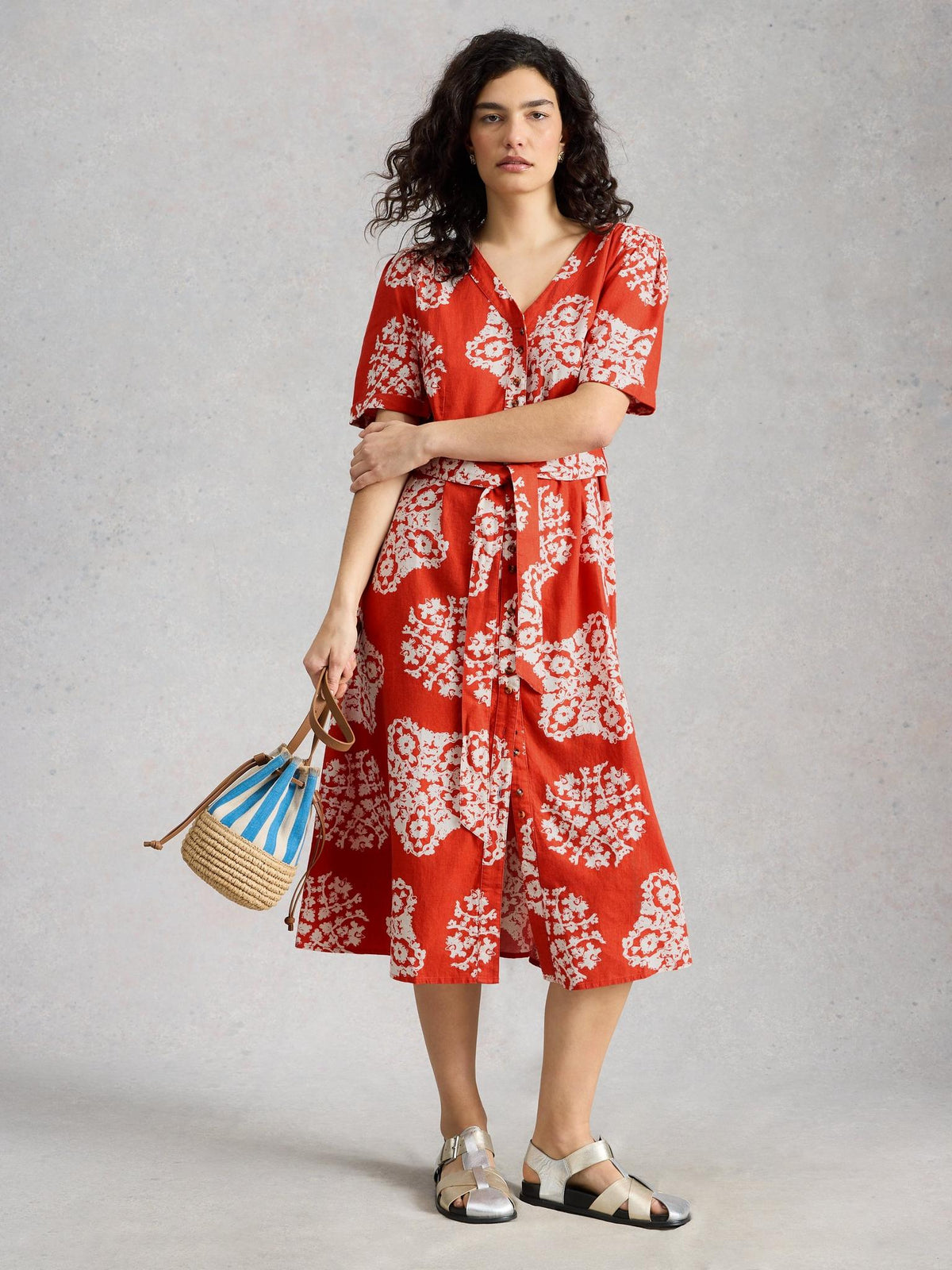White Stuff Val Linen Blend Dress in red print, front view - Pinkhill Darwin