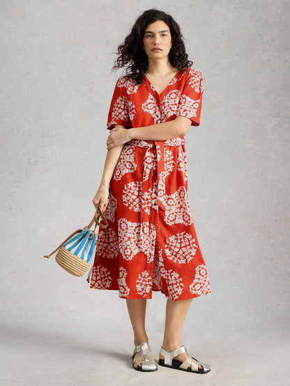 White Stuff Val Linen Blend Dress in red print, front view - Pinkhill Darwin