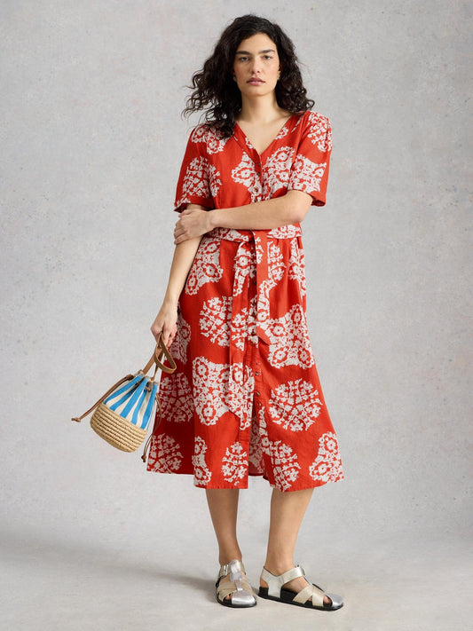 White Stuff Val Linen Blend Dress in red print, front view - Pinkhill Darwin