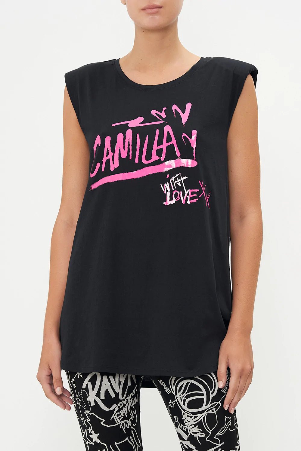 CAMILLA - Jersey Muscle Tank With Shoulder Pads Spirit Scribble - Camilla - Pinkhill - darwin fashion - darwin boutique